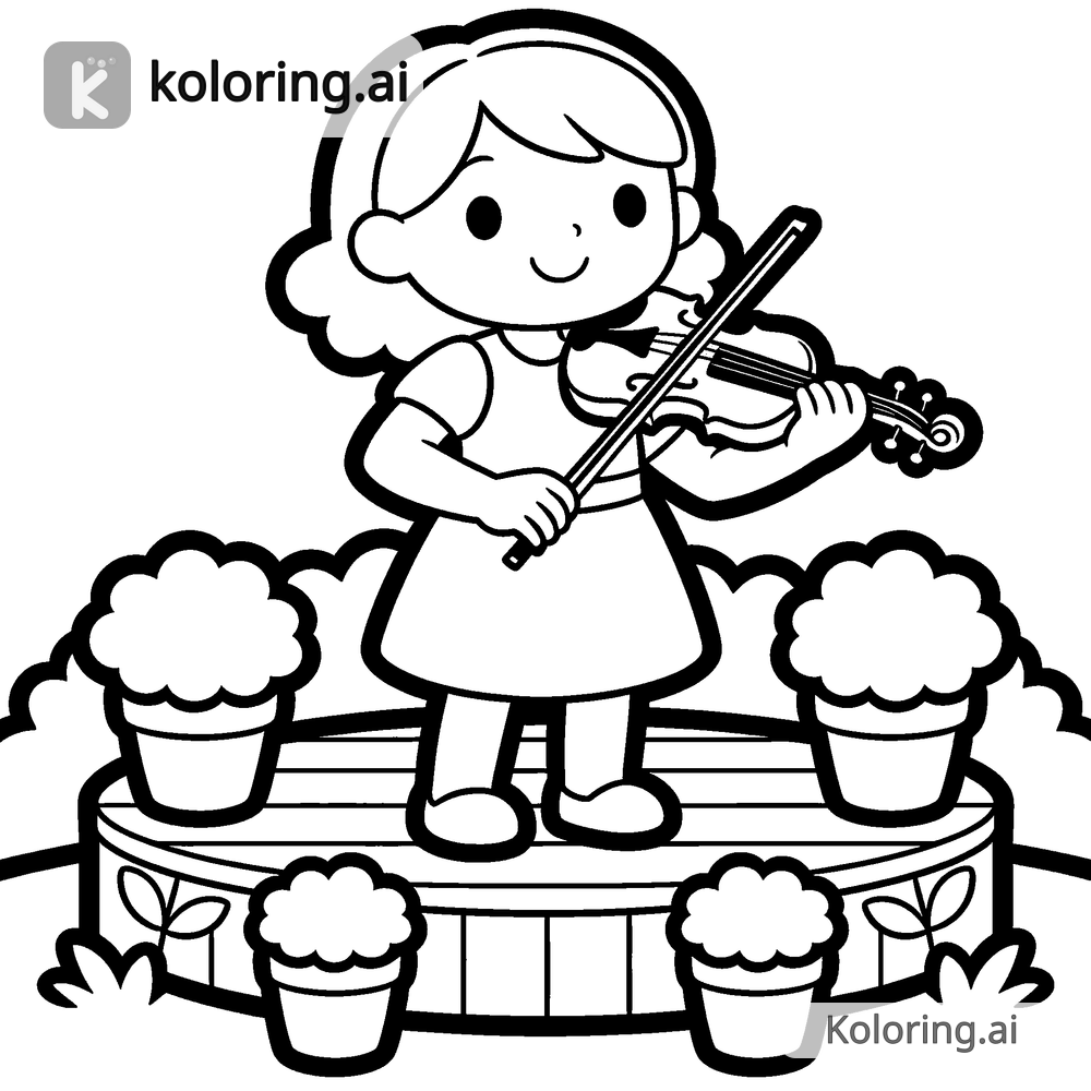 Black and white coloring page of girl playing violin on a garden stage
