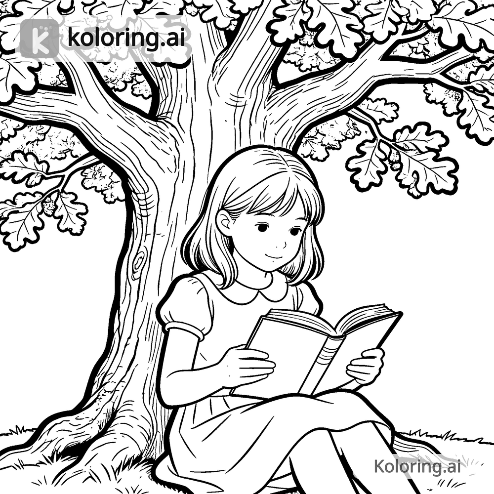 Black and white coloring page of girl reading under a big oak tree
