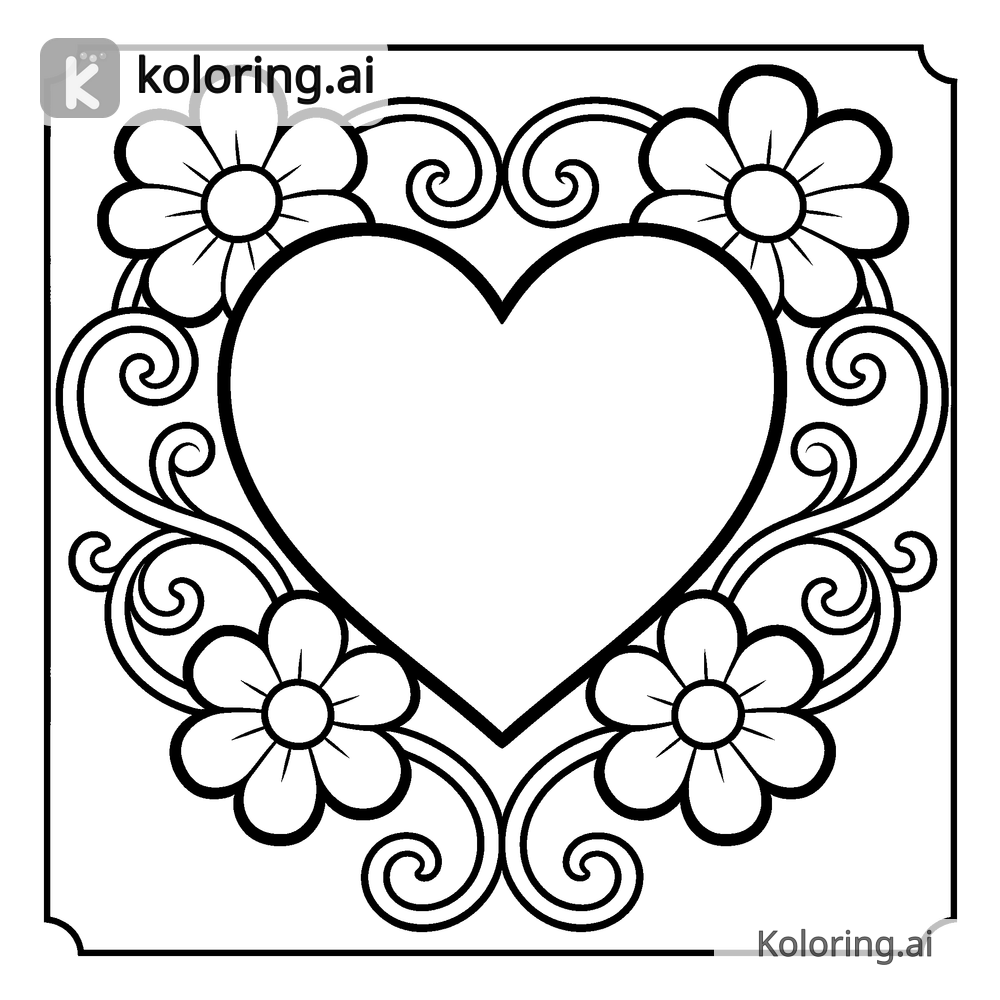 Black and white coloring page of heart with flowers and swirls