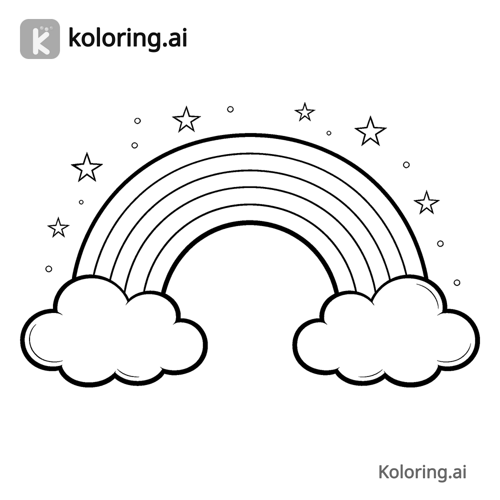 Black and white coloring page of rainbow with clouds and stars