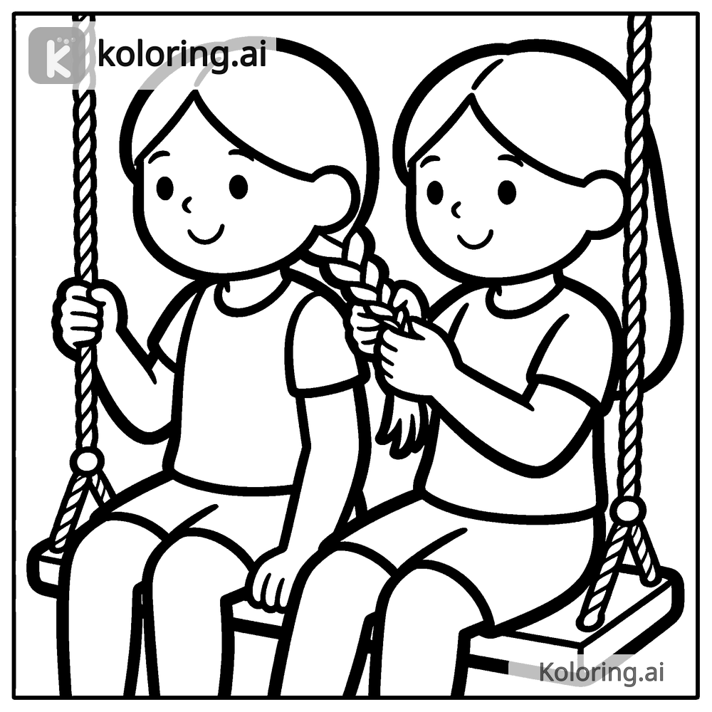 Black and white coloring page of two girls braiding each other's hair on a swing