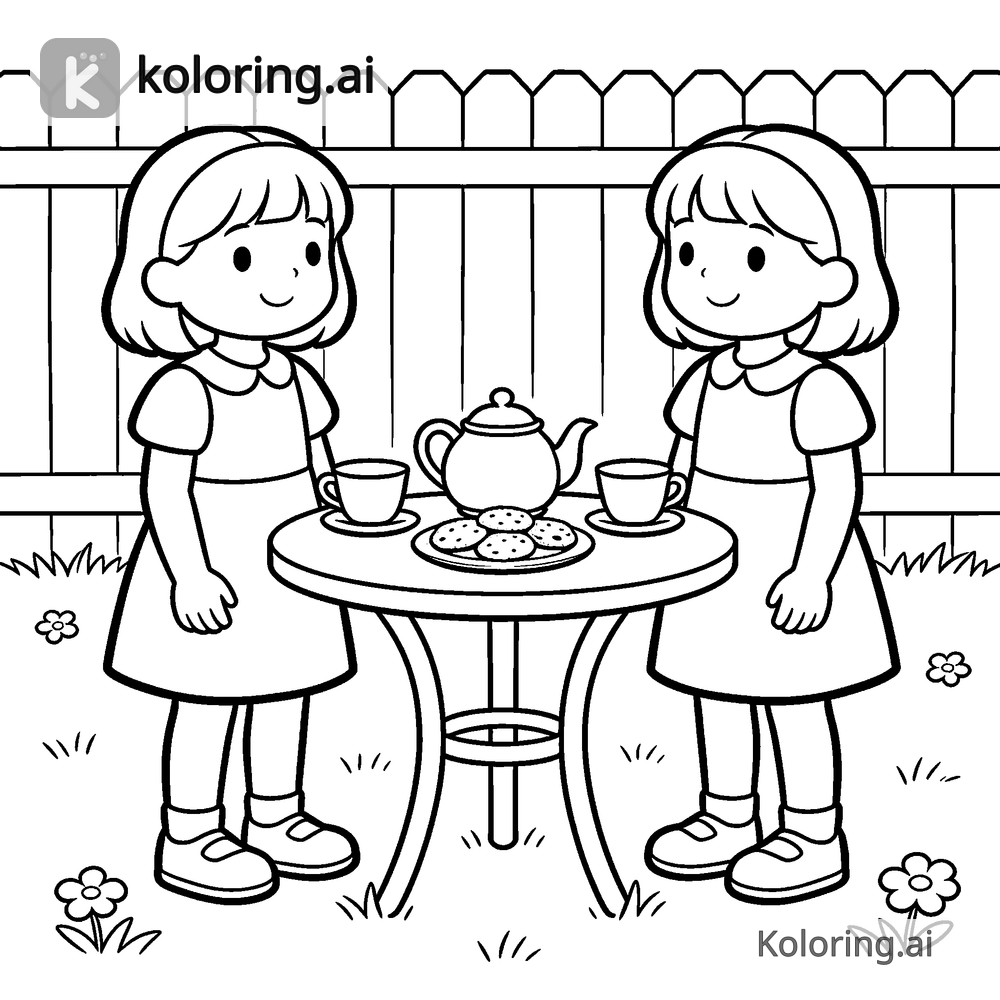 Black and white coloring page of two girls having a tea party in a backyard