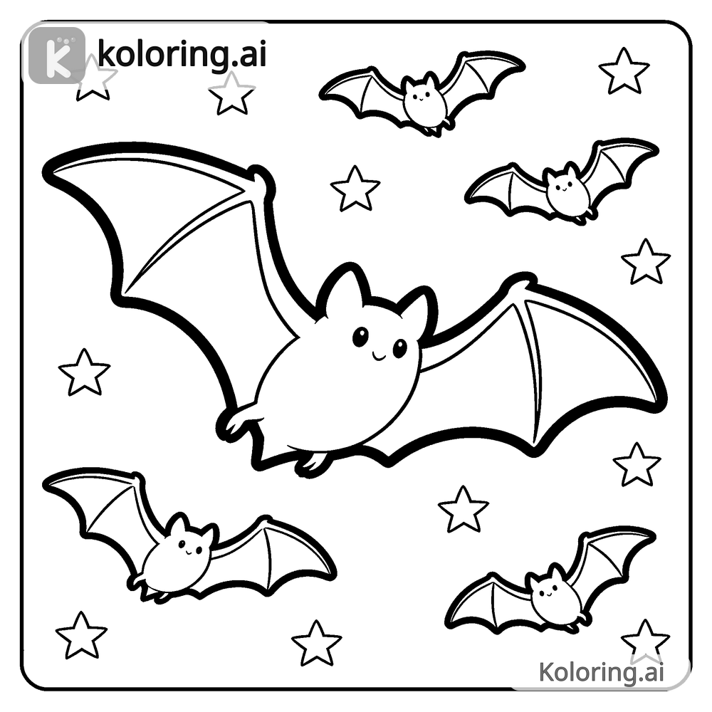 Black and white coloring page of bats flying across a starry night sky