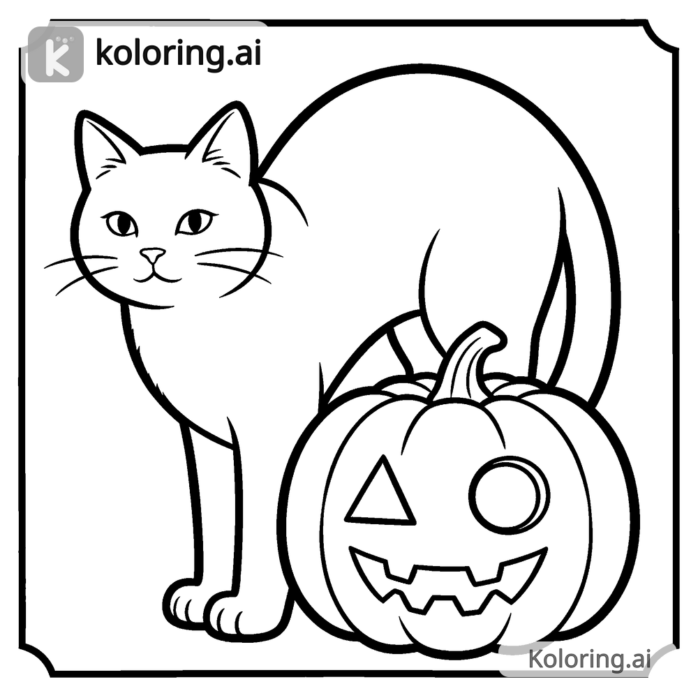 Black and white coloring page of black cat arching its back by a jack-o-lantern