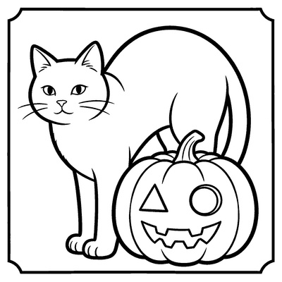 Black and white coloring page of black cat arching its back by a jack-o-lantern