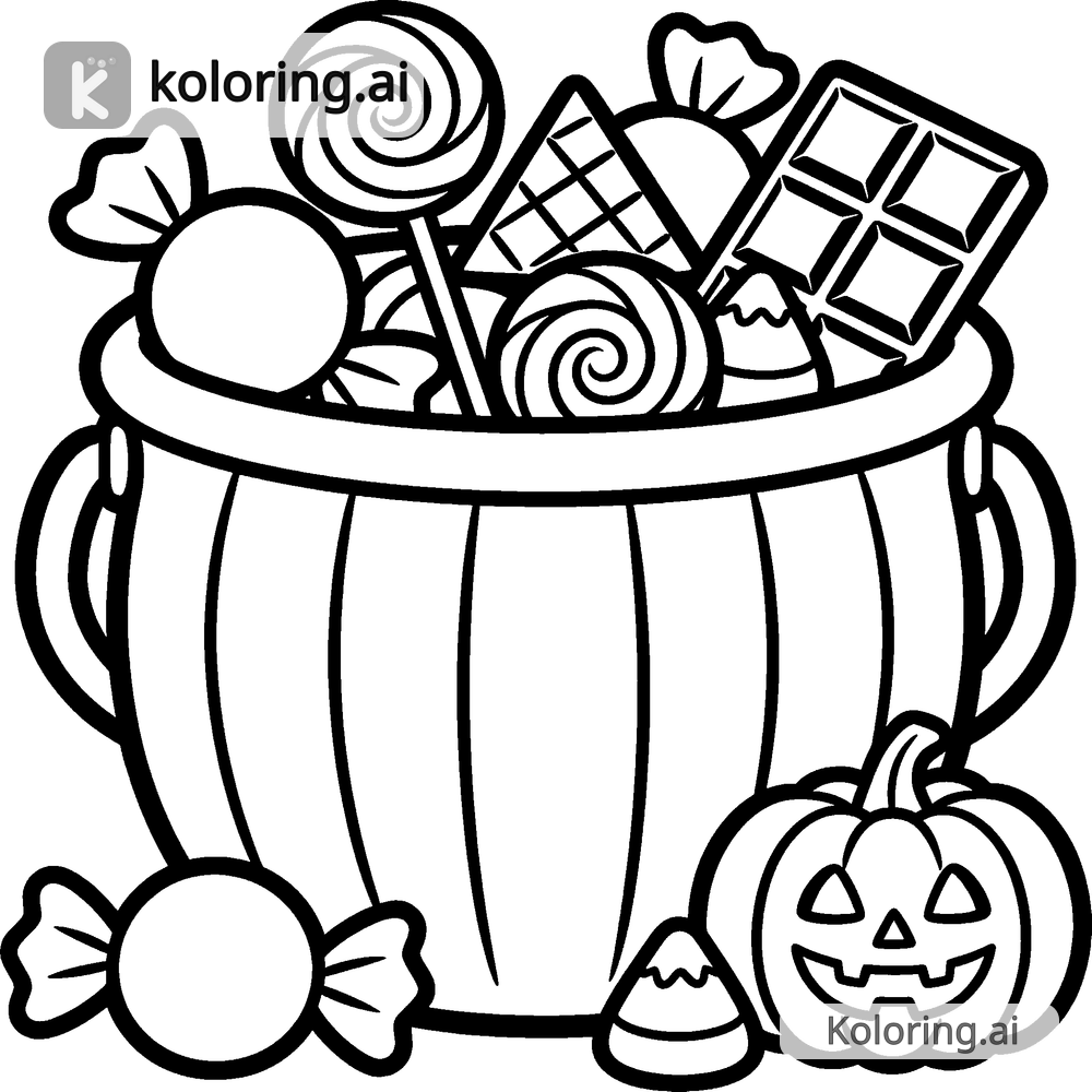 Black and white coloring page of candy bucket overflowing with halloween treats