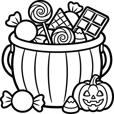 Black and white coloring page of candy bucket overflowing with halloween treats