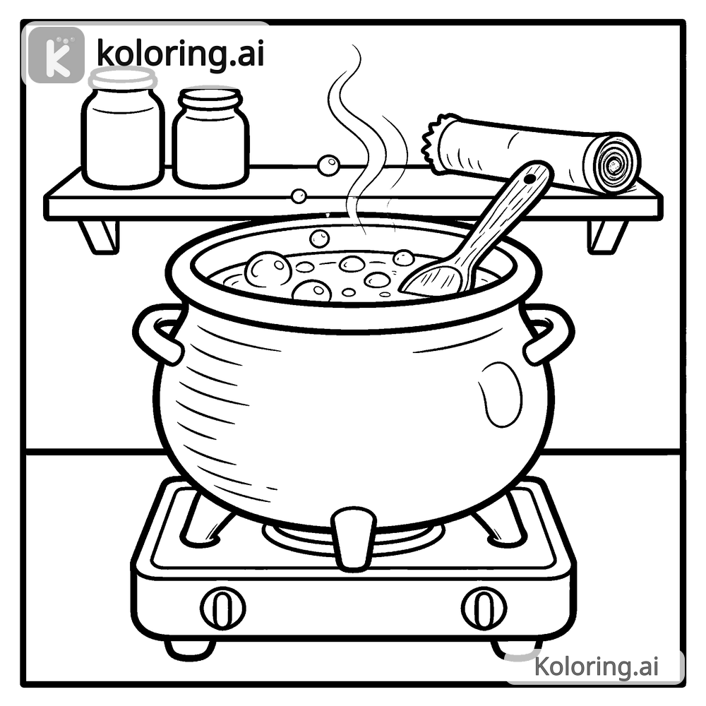 Black and white coloring page of cauldron bubbling in a witch's kitchen