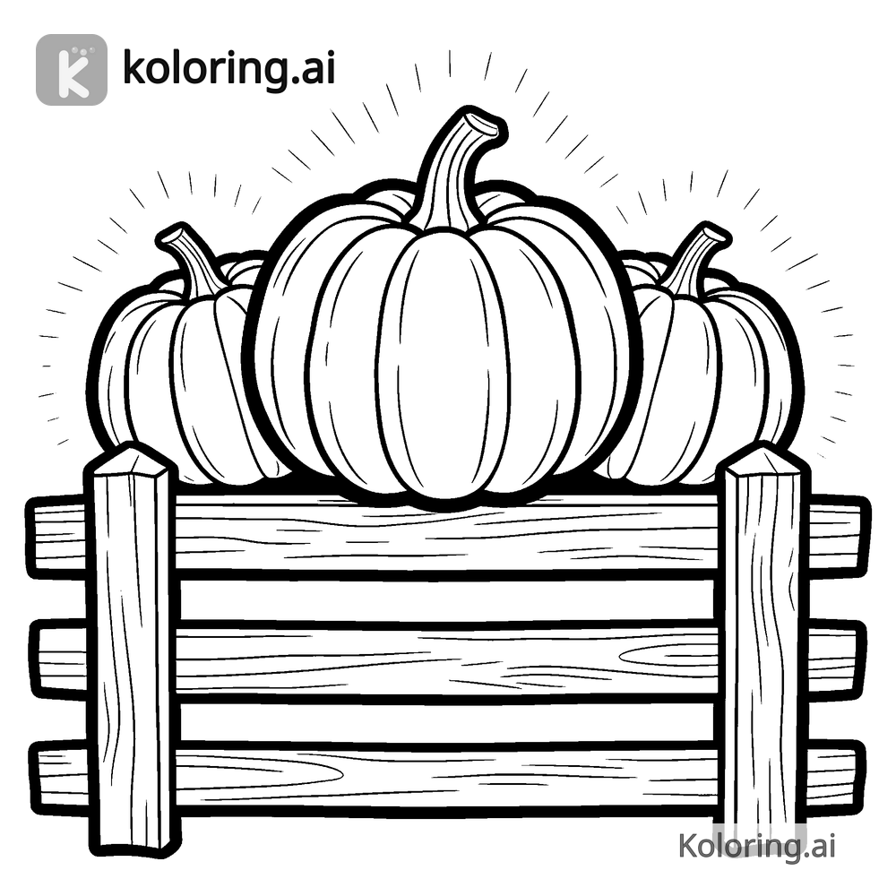 Black and white coloring page of cluster of pumpkins glowing on a fence