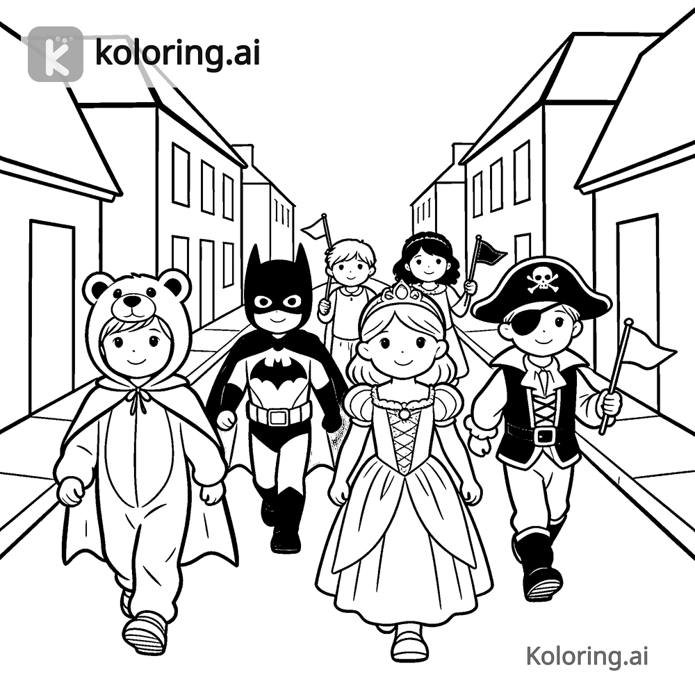 Black and white coloring page of costume parade of kids walking down a street