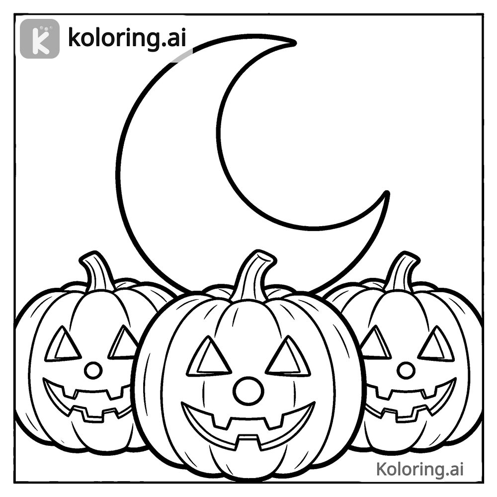 Black and white coloring page of crescent moon over a row of jack-o-lanterns