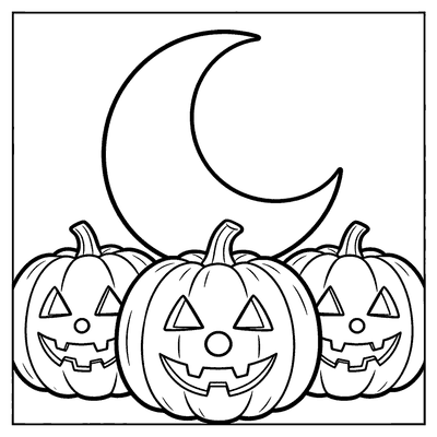 Black and white coloring page of crescent moon over a row of jack-o-lanterns
