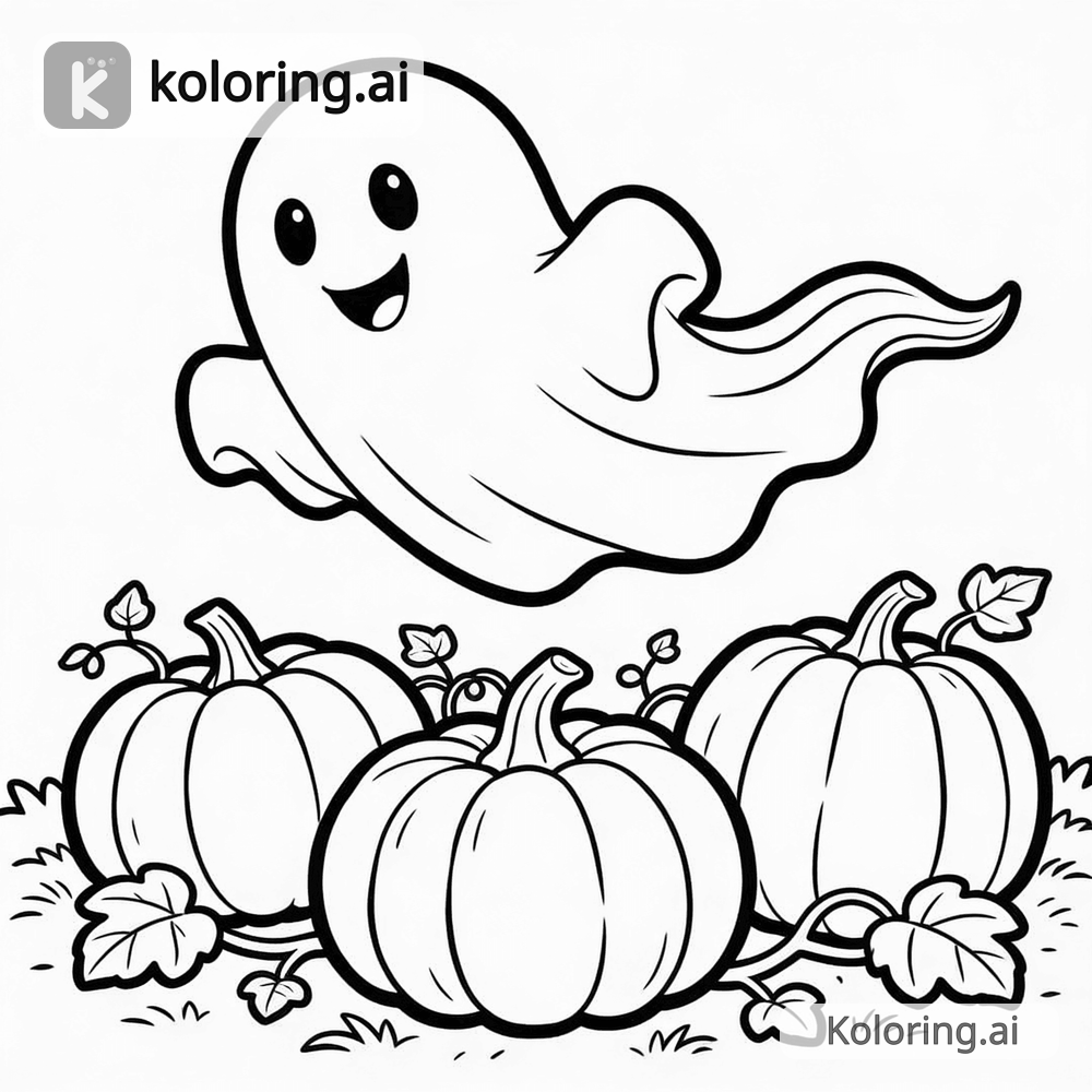 Black and white coloring page of friendly ghost floating over a pumpkin patch