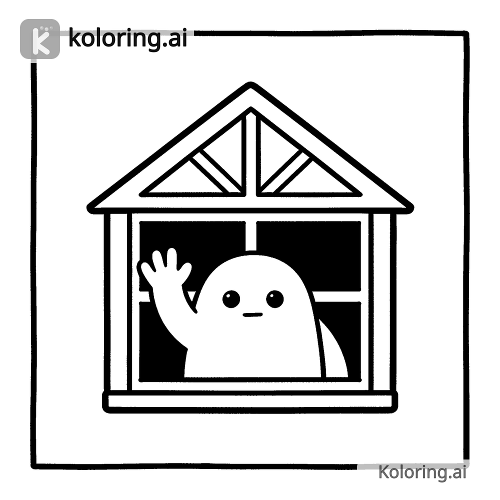Black and white coloring page of friendly monster waving from a window