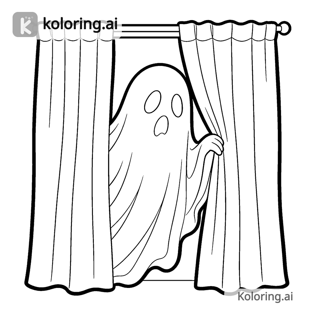 Black and white coloring page of ghost peeking from behind a curtain