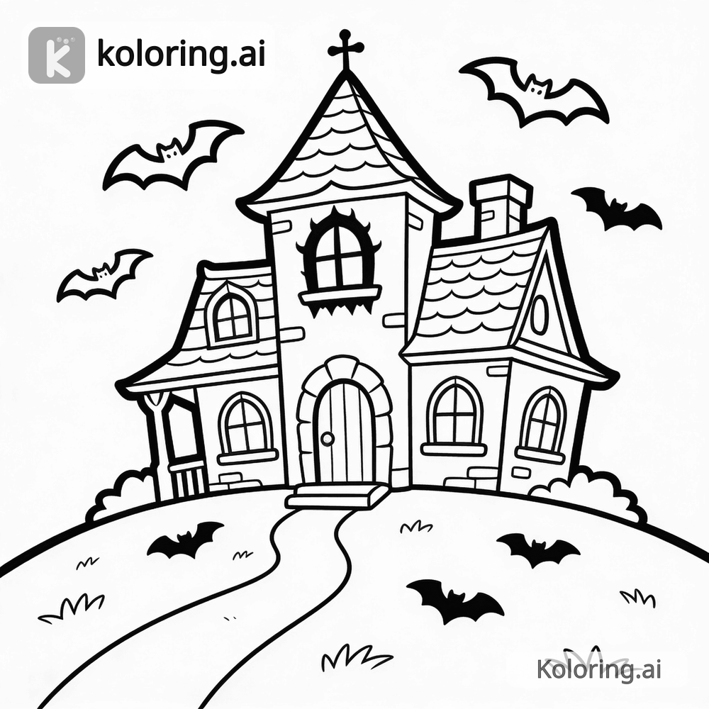 Black and white coloring page of haunted house on a hill with bats