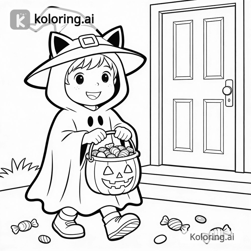 Black and white coloring page of kid in a halloween costume trick or treating