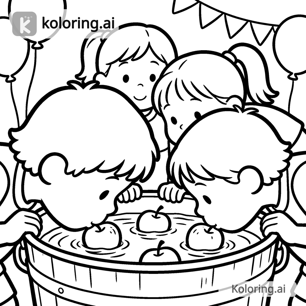 Black and white coloring page of kids bobbing for apples at a party