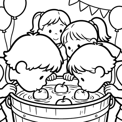 Black and white coloring page of kids bobbing for apples at a party