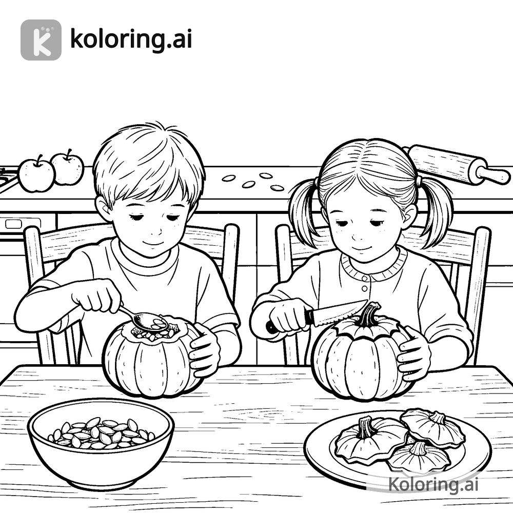 Black and white coloring page of kids carving pumpkins at a kitchen table