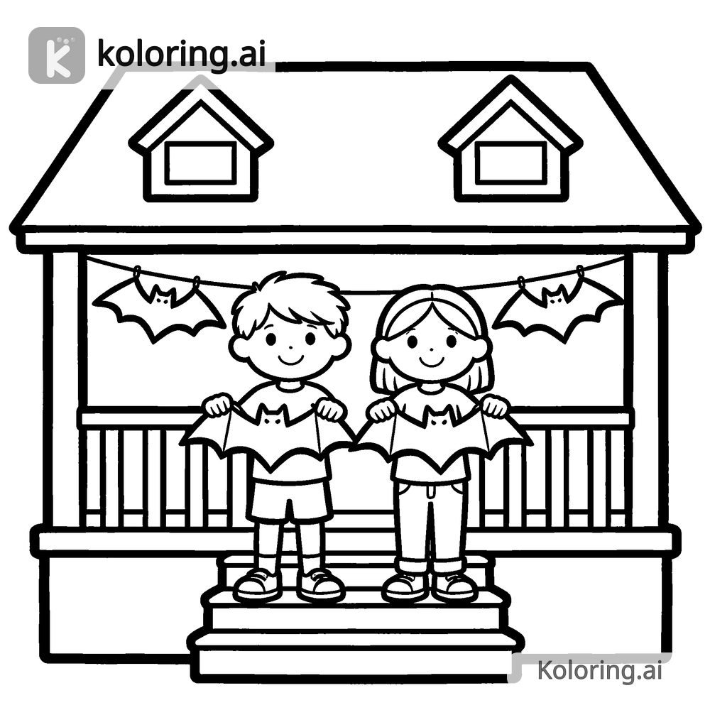 Black and white coloring page of kids decorating the porch with paper bats