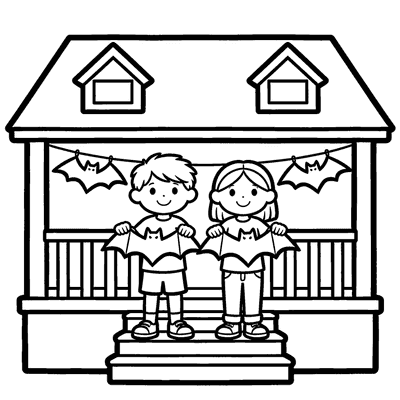 Black and white coloring page of kids decorating the porch with paper bats