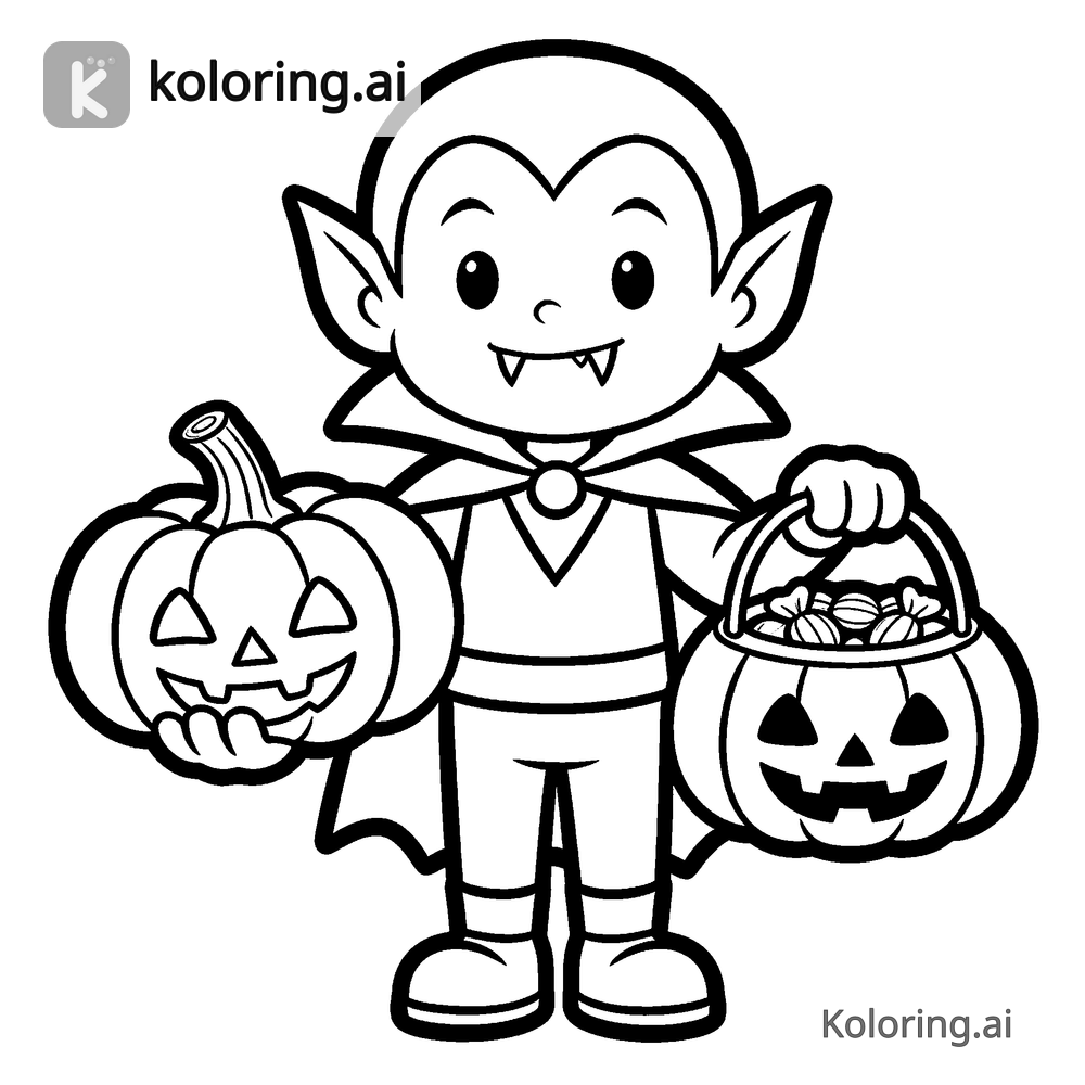 Black and white coloring page of little vampire holding a pumpkin candy basket