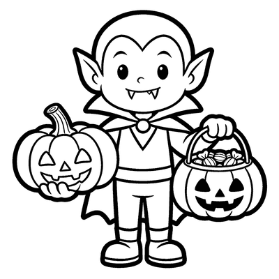 Black and white coloring page of little vampire holding a pumpkin candy basket