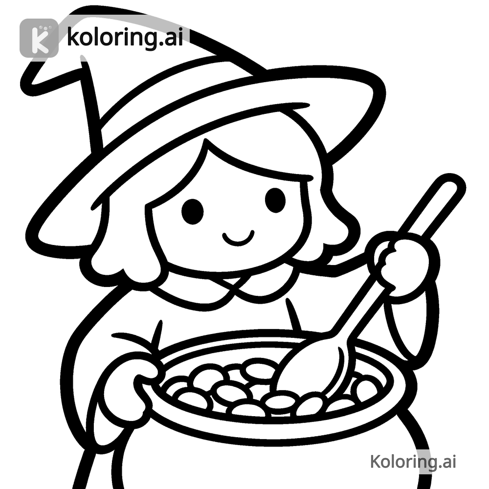 Black and white coloring page of little witch stirring a pot of candy
