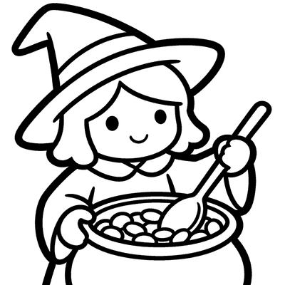 Black and white coloring page of little witch stirring a pot of candy