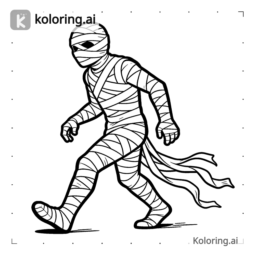 Black and white coloring page of mummy wrapped in bandages walking slowly