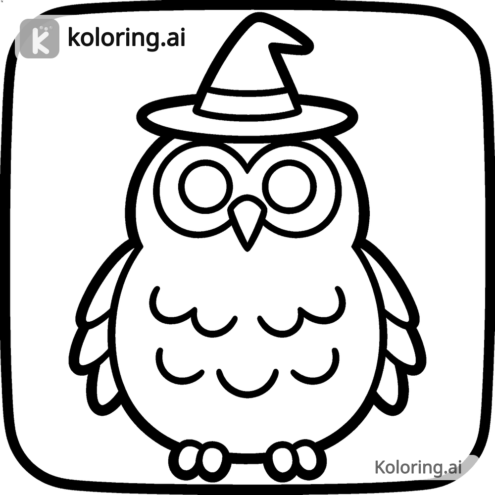 Black and white coloring page of owl wearing a tiny witch hat