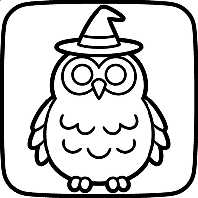 Black and white coloring page of owl wearing a tiny witch hat
