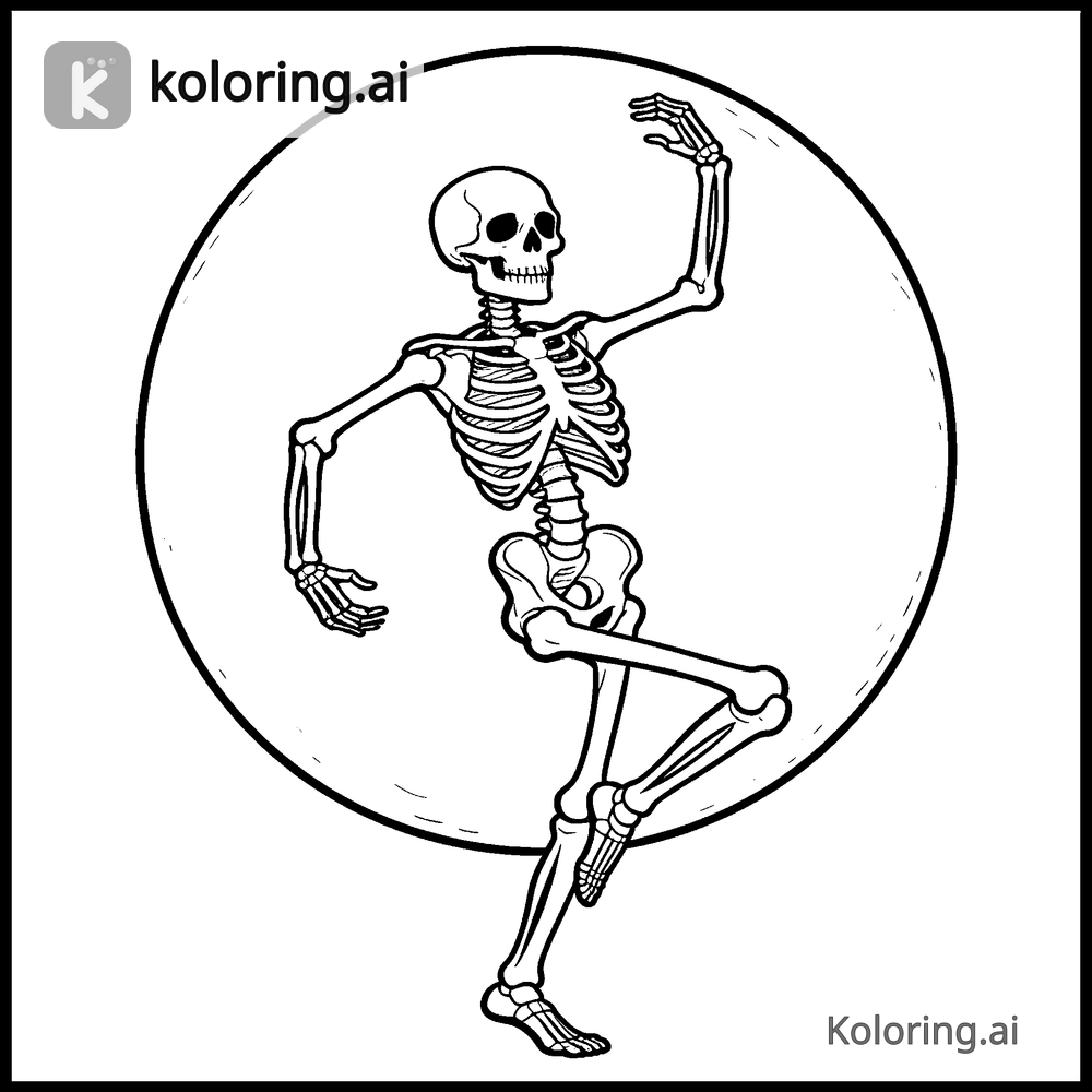 Black and white coloring page of skeleton dancing under a full moon