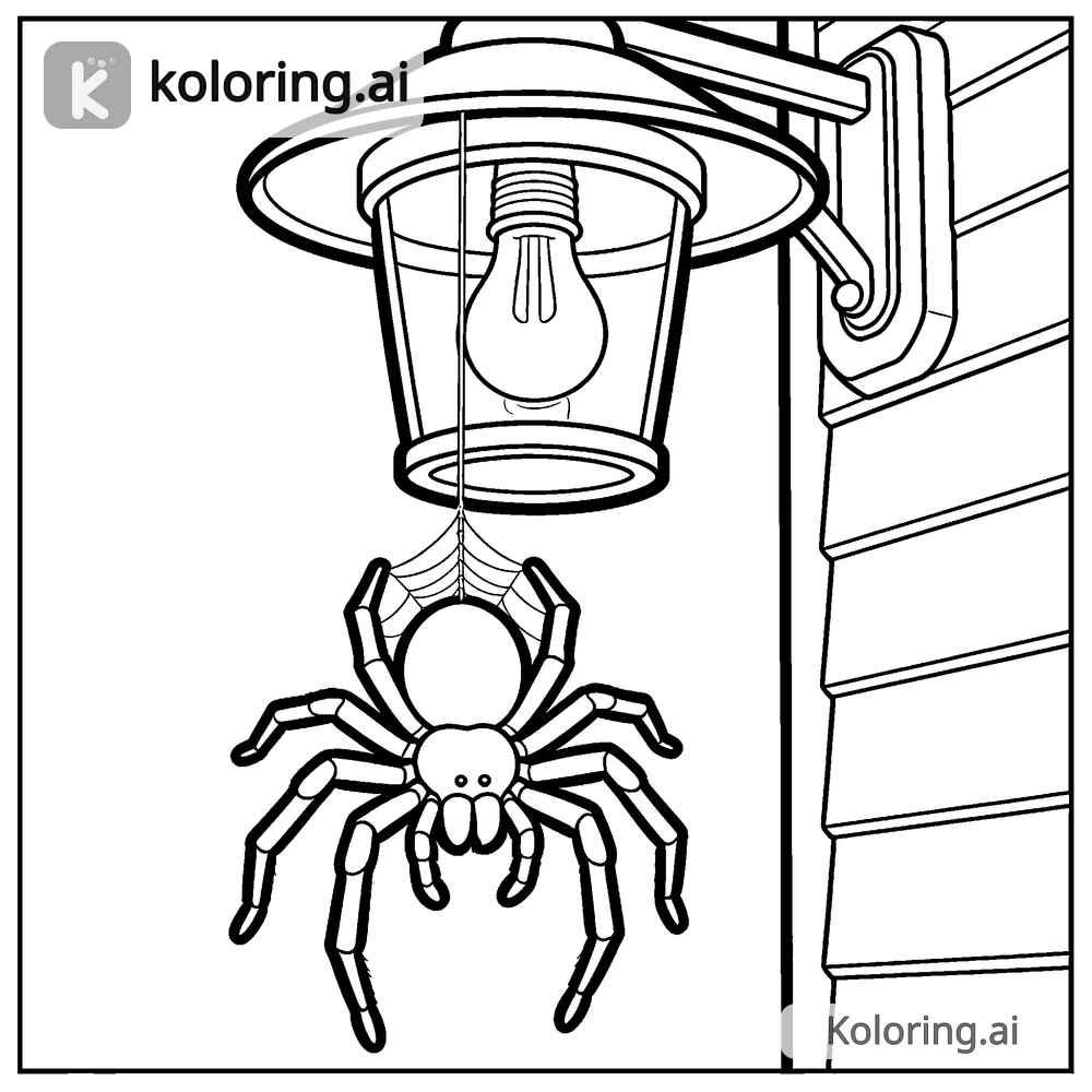 Black and white coloring page of spider dangling from a porch light