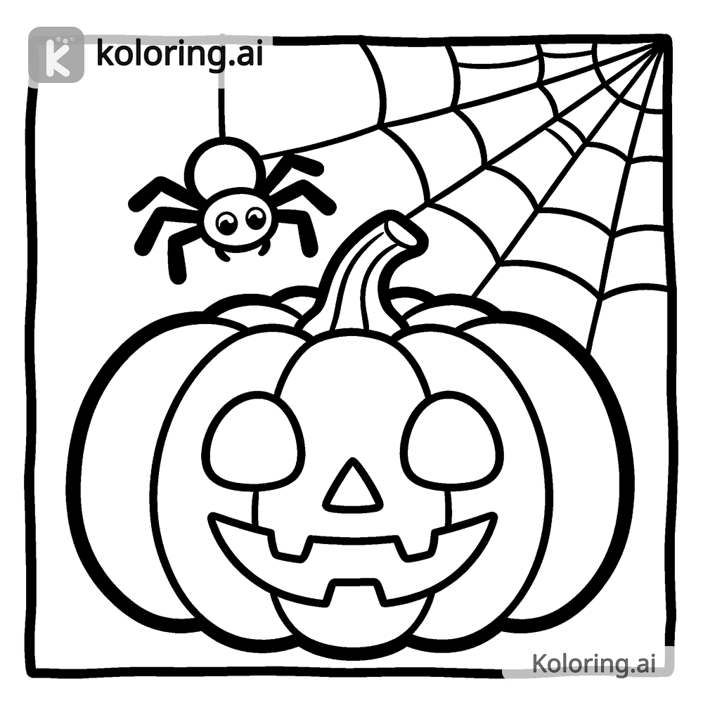 Black and white coloring page of spider spinning a web over a pumpkin
