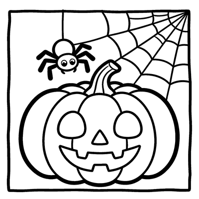 Black and white coloring page of spider spinning a web over a pumpkin