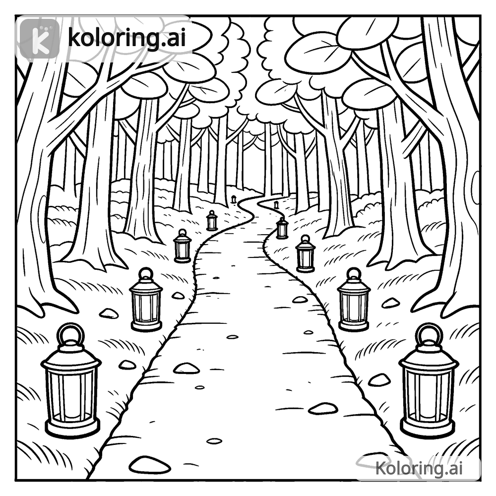 Black and white coloring page of spooky forest path lined with lanterns