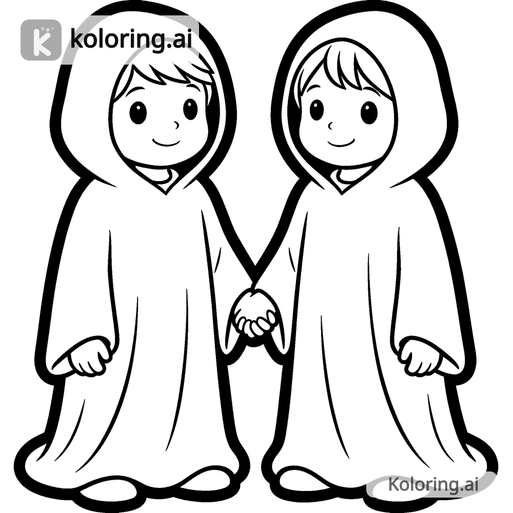 Black and white coloring page of two kids in ghost costumes holding hands