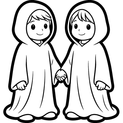Black and white coloring page of two kids in ghost costumes holding hands