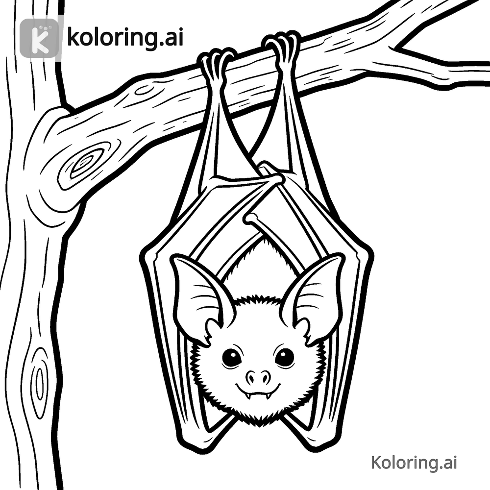 Black and white coloring page of vampire bat hanging from a tree branch