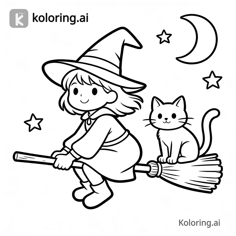 Black and white coloring page of witch flying on a broomstick with her cat