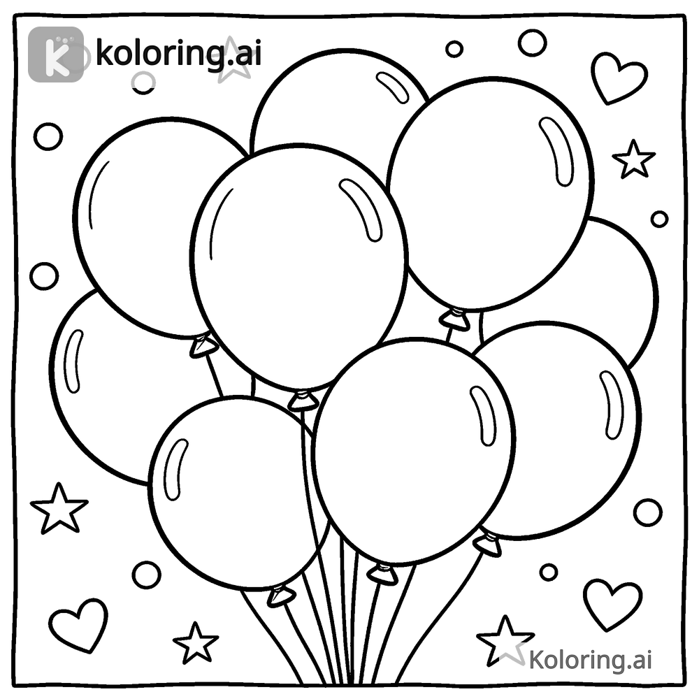 Black and white coloring page of balloons and confetti