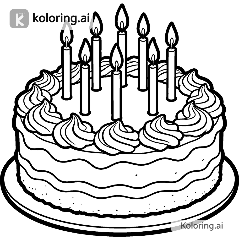 Black and white coloring page of birthday cake with candles and frosting swirls