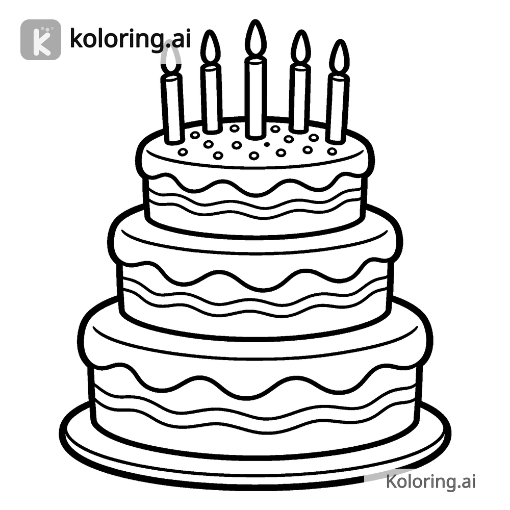 Black and white coloring page of birthday party table with cake and balloons