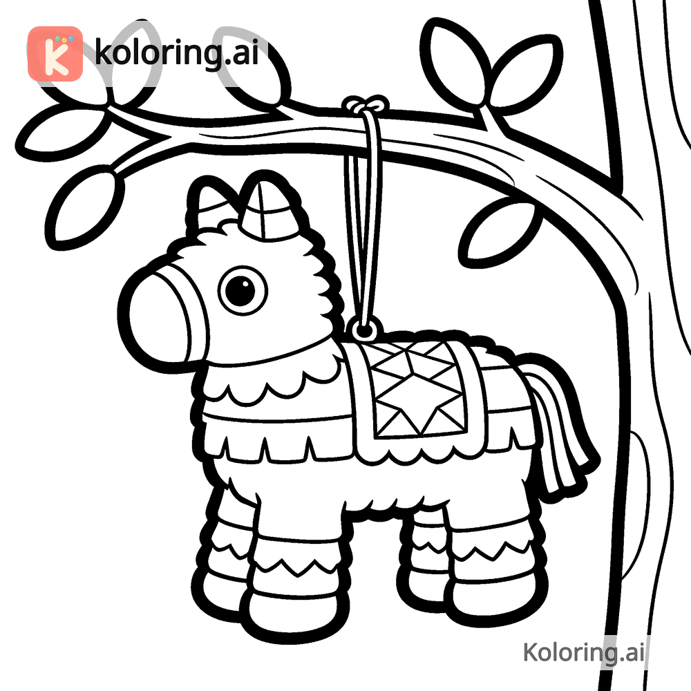 Black and white coloring page of birthday pinata hanging from a tree branch