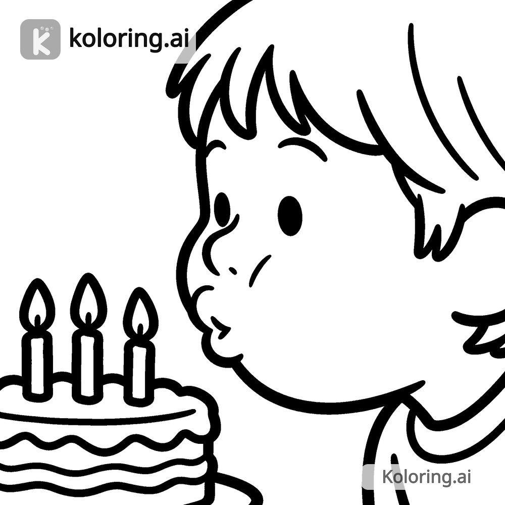 Black and white coloring page of child blowing out candles on a cake