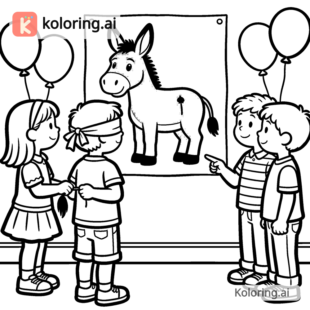 Black and white coloring page of kids playing pin the tail at a birthday party