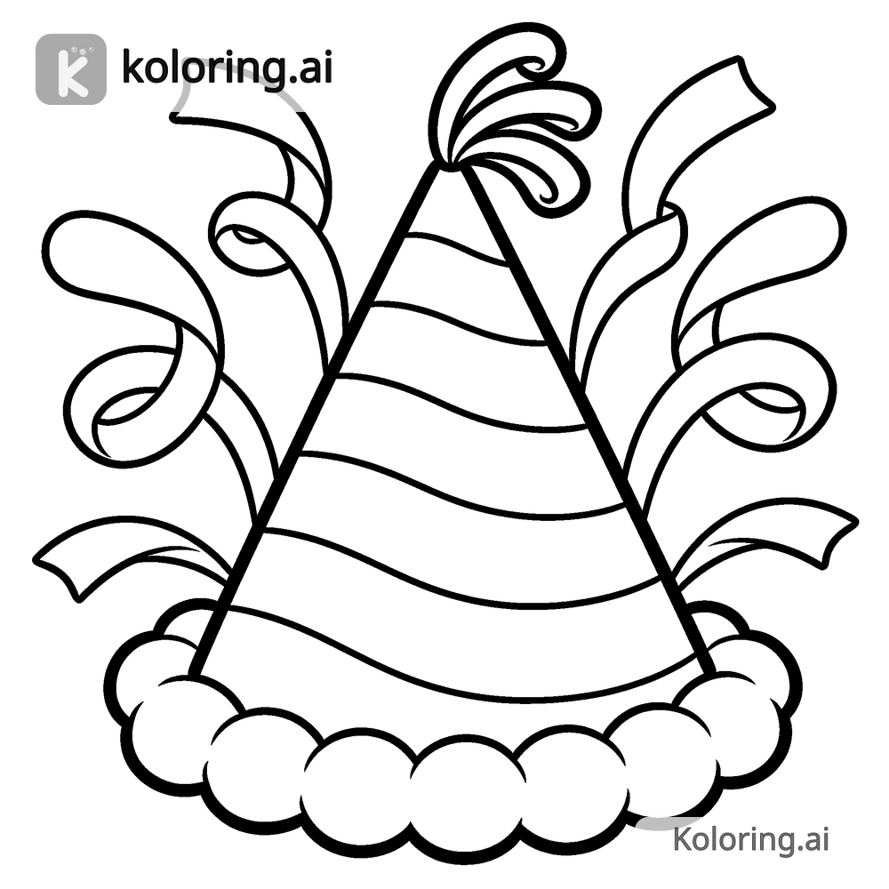 Black and white coloring page of party hat and streamers