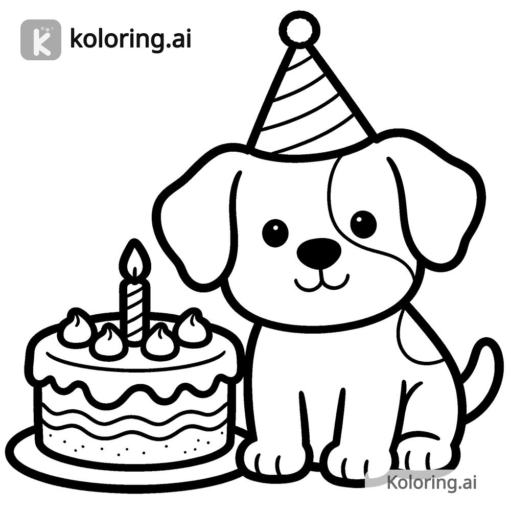 Black and white coloring page of puppy wearing a party hat beside a cake